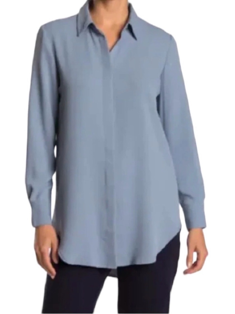 NWT Elie Tahari Dune Blue Tunic Button Up Top Curved High Low Hem L